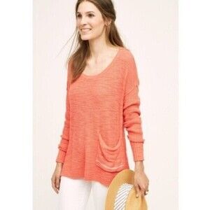 Anthropologie Moth Bolinas Sweater Coral Pocket Long Sleeve Pullover Sz Small
